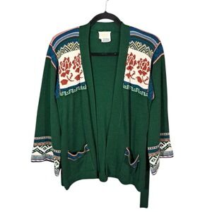 Vtg 60s 70s Floral Roses Wrap Cardigan Sweater Bell Sleeves Pockets Belt Medium